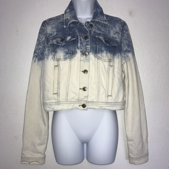 Hot Kiss Distress Bleach Dye Crop Denim Jacket L - Picture 1 of 5